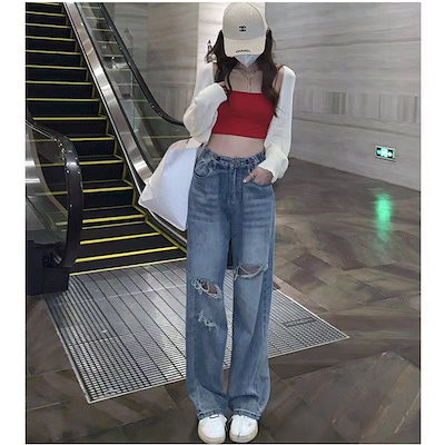 おしゃれ パンツ インターネットの有名人純綿破れたジーンズ新しいゆるいレトロハイウエスト真っ直ぐ Sjemenarna Net