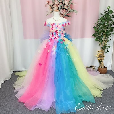 人気特価激安 ウェディングドレスカラードレスレインボーカラードレスオフショルダーバックリボンお花びらオ ワンピース ドレス Drewbrophy Com