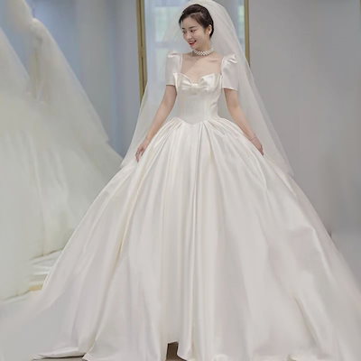 名作 ウエディングドレスオフホワイトプリンセスライン光沢サテン挙式結婚式 ワンピース ドレス Www Mb2raceway Com