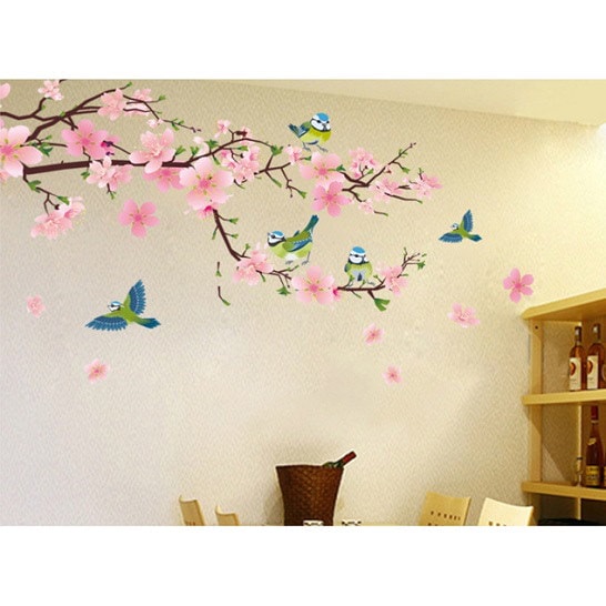 Qoo10 ウォールステッカー 桜と野鳥 和風 桃色