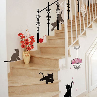 Qoo10 ウォールステッカー 猫 階段で遊んでる猫 家具 インテリア