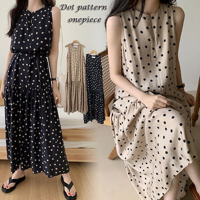 Qoo10 キーネック ドット柄ティアード ロングワ レディース服