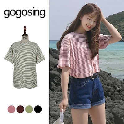ゴゴシング【GOGOSING】クールボーダー柄半袖Tシャツ★レディーストップス Tシャツ 半袖 ボーダー デイリーアイテム 春 夏 秋 韓国 ファッション p000coky