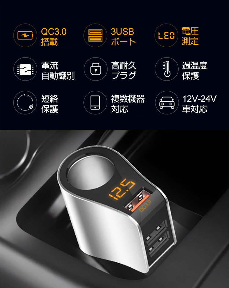 Qoo10] シガーソケット 増設USB 3ポート Q