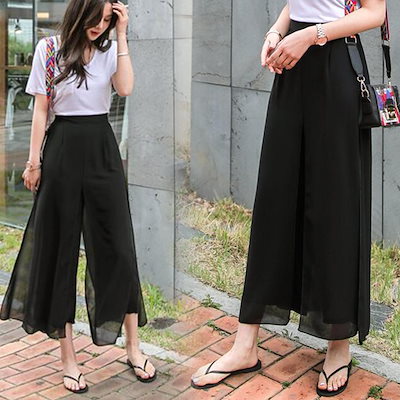 Qoo10 シフォンプリーツワイドパンツ絶対使える楽 レディース服