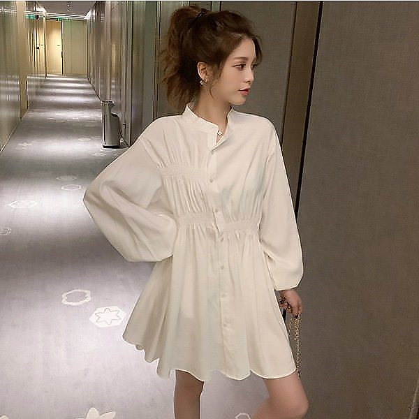 Qoo10 シャツワンピース レディース きれいめ 40代 春夏 上品 白ブラウス シャツ パフスリープワンピース 長袖チュニック 韓国風 大きいサイズ 大人オシャレ