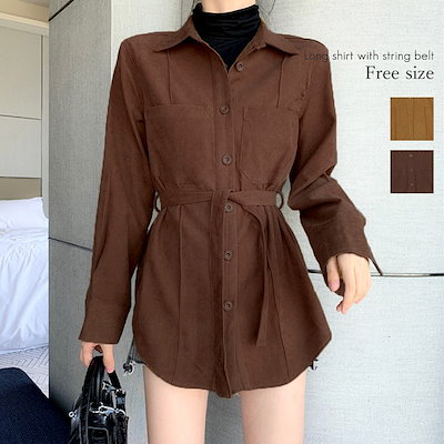Qoo10 シャツ レディース シャツワンピ 紐ベル レディース服