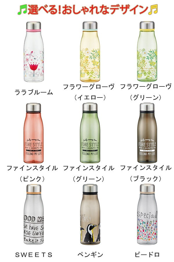 Qoo10 スタイリッシュ おしゃれ ブローボトル 500ｍｌ クリアボトル 透明 水筒 マイボトル 持ち歩き プラスチック フレーバーウォーター ロゴ 英字 花柄 ペンギン ビードロ ドット
