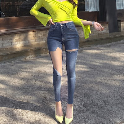 Qoo10 ダメージスキニージーンズ ストレッチジー レディース服