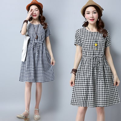 Qoo10 チェックワンピース Aライン ひざ丈 ワ レディース服