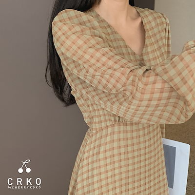 Qoo10 チェリーココ ブイネクチェックロングワンピースcher レディース服