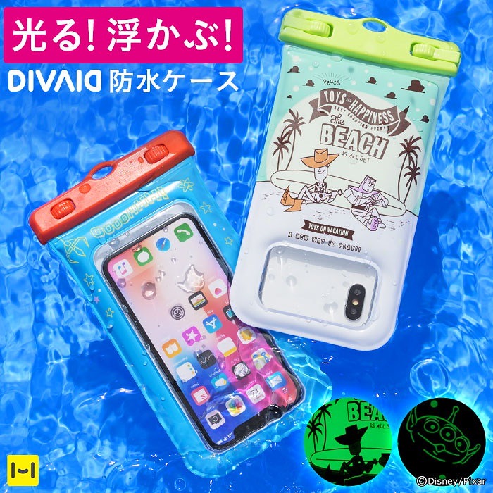 Qoo10 スマホ 防水ケース ディズニー ピクサーキャラクター Divaid フローティング防水ケース 蓄光 雨 海 梅雨 夏 防災