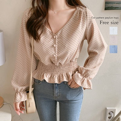 Qoo10 ドット柄ペプラムトップス トップス レデ レディース服 Qoo10 ドット柄ペプラムトップス トップス レデ レディース服