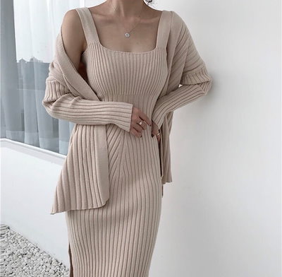 Qoo10 ニットワンピース セットワンピ カーディ レディース服