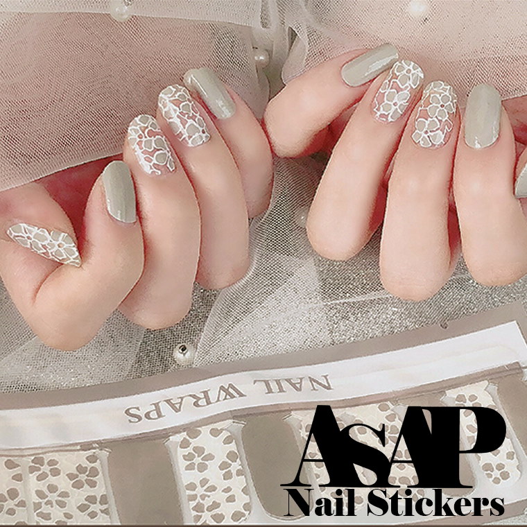 Qoo10 ネイル Asap ネイルシール N0022 マニキュア 貼るだけ 簡単 セルフネイル ネイルステッカー グレー 花 ニュアンス ワンカラー