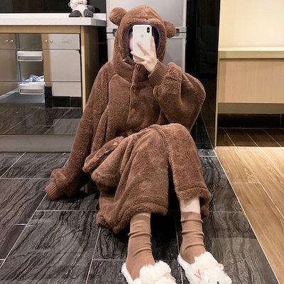 100 安い ルームウェア ネグリジェパジャマレディース秋冬長袖ワンピース前開きパジャマもこもこ可愛い熊ゆったり Www Desalvocontracting Com