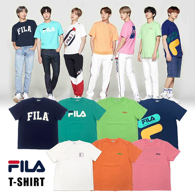 Qoo10 Fila フィラ Tシャツ Bts着用モデル 半袖 韓国 Btsメンズ レディース ユニセックス おしゃれ かわいい ブランド ロゴ 人気 白ネイビー ピンク オレンジ グリーン