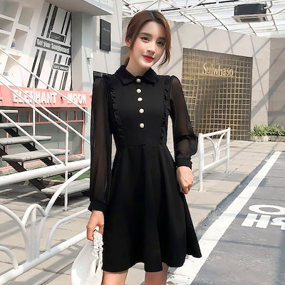 Qoo10 フリル シフォンワンピース ブラック シ レディース服