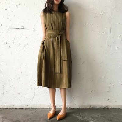 Qoo10 リボン付きストライプ柄ワンピース ワンピ レディース服