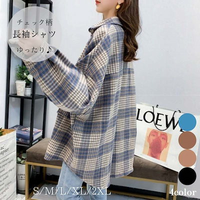 Qoo10 レディース チェックシャツ ロング ビッ レディース服