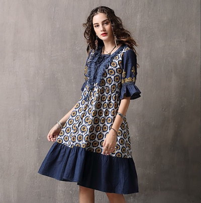 Qoo10 レトロガール 刺繍 デニム ワンピース ロング マ レディース服