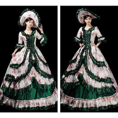 大きな取引 ロングドレスお姫様ドレス中世ヨーロッパステージ帽子付き舞台衣装花柄貴族風イベント声 ワンピース ドレス