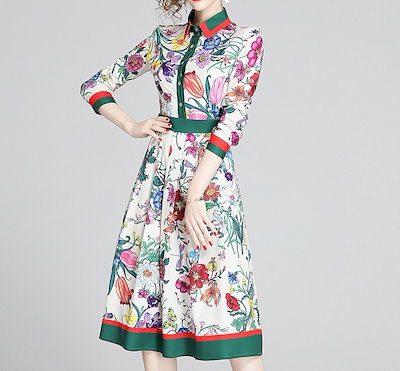 Qoo10 ワンピース ひざ下丈 襟付き 七分袖 花 レディース服