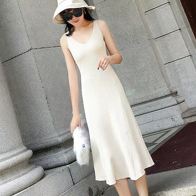 Qoo10 ワンピース ミモレ丈 リブニット レディース服