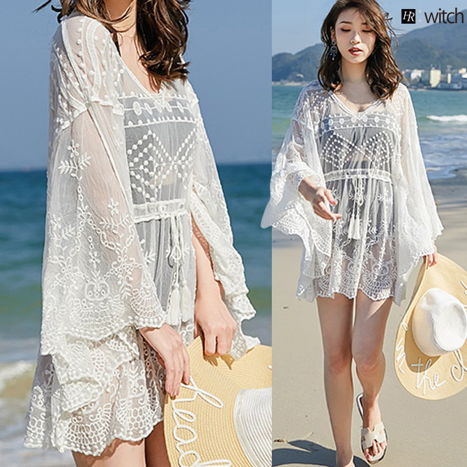 Qoo10 ワンピース レースカーディガン ラッシュガード 花柄 刺繍 羽織る 透け感 体型カバー 水着 ビキニ ビーチウェア 総レース お洒落 薄手春服 春 夏 新作 Top