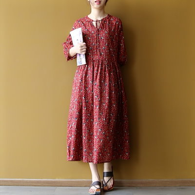 Qoo10 ワンピース 花柄 レトロ リボンタイ 五 レディース服