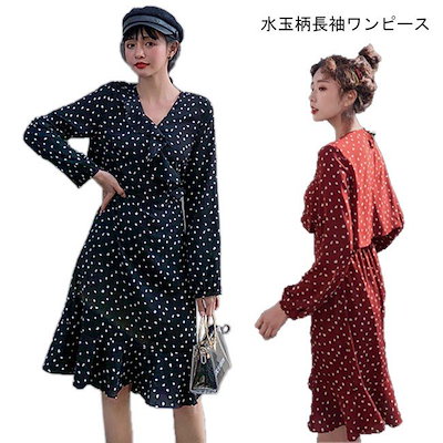 Qoo10 ワンピース 長袖 ひざ丈ワンピース 水玉 レディース服