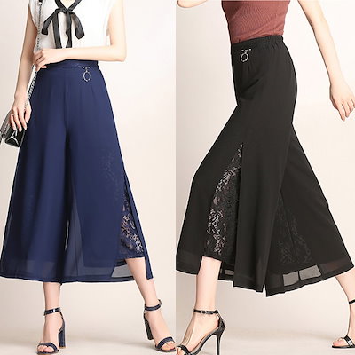 Qoo10 美脚効果サイドレースシフォンワイドパンツ レディース服