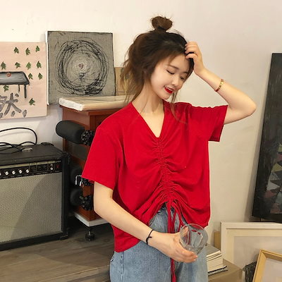 Qoo10 Vネック赤tシャツ レディース服
