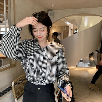 Qoo10 冬でもブラウス韓国ファッション チェック レディース服