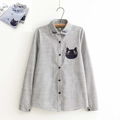Qoo10 可愛い猫柄シャツ ボーダーシャツ レディース服