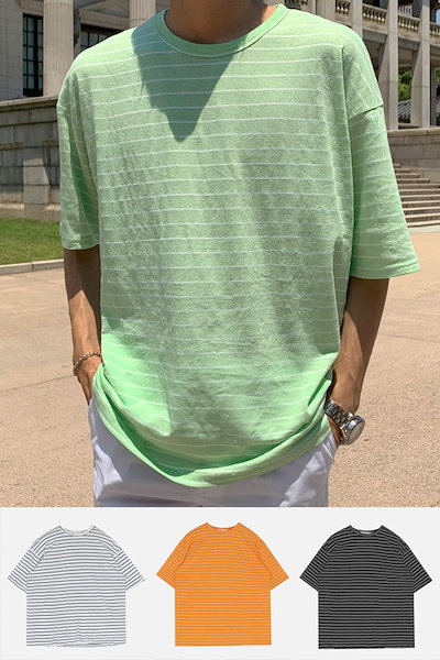 Qoo10 夏のリネンストライプ半袖tシャツ韓国人男 メンズファッション