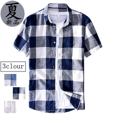 Qoo10 チェック柄 半袖シャツ リネンシャツ メンズファッション