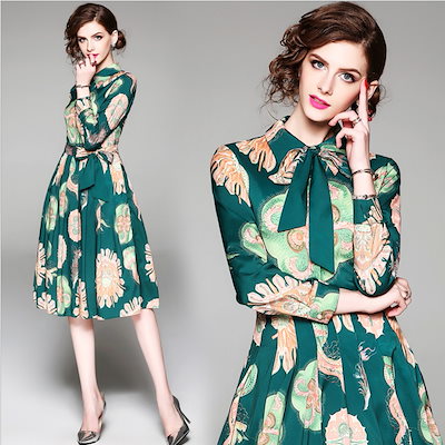 Qoo10 可愛いリボン レトロプリント ワンピース レディース服