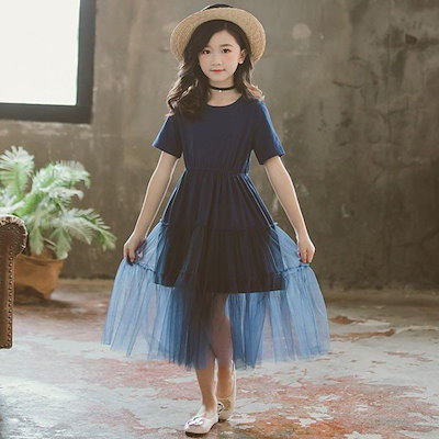 初売り 女の子ファッション 子供服ワンピースキッズ子供ドレスdress韓国子供服ジュニア女の子夏半袖丸首レースワンピース膝丈無地カジュアル おしゃれ可愛い通学着新品