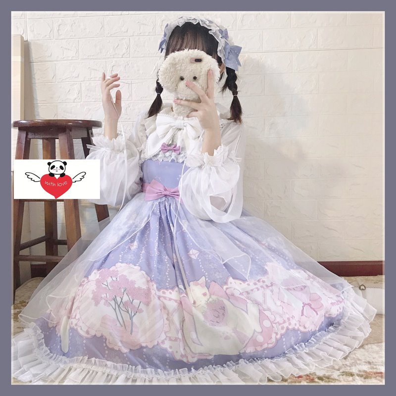 買取安い店 少女風 甘ロリ かわいい 可愛い レース 甘いロリータ ワンピース 猫吊りスカート ロリータファッション ロリータ服 ドレス Lolita パープル 新作続々入荷中 M Parkingkoi Com