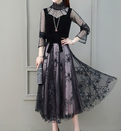 Qoo10 星柄 ワンピース ドレス 長袖 レースブ レディース服