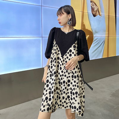 Qoo10 2328 欧米風パフスリーブ 切替ワンピース大胆な レディース服