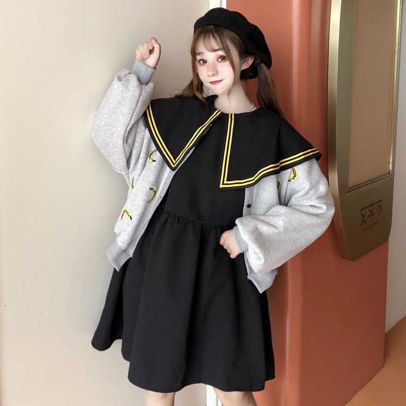 Qoo10 秋冬女性服2018新韓国版かわいい刺繍プラスベルベット服ジャケット女性 ビッグカラードールスカートセット女性