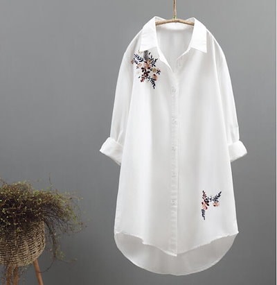 Qoo10 花柄刺繍純綿シャツワンピース レディース服