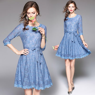 44 割引新しい 膝上丈総レースウエストリボンフレアワンピースドレスラウンドネックブルー結婚式二次会 B025 ワンピース ドレス レディース服 Coyoterungolf Com