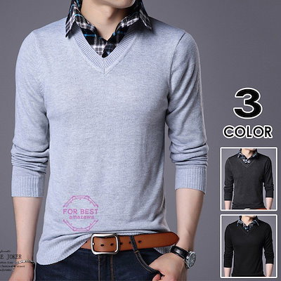 Qoo10 送料無料 重ね着風 ニットセーター メ メンズファッション