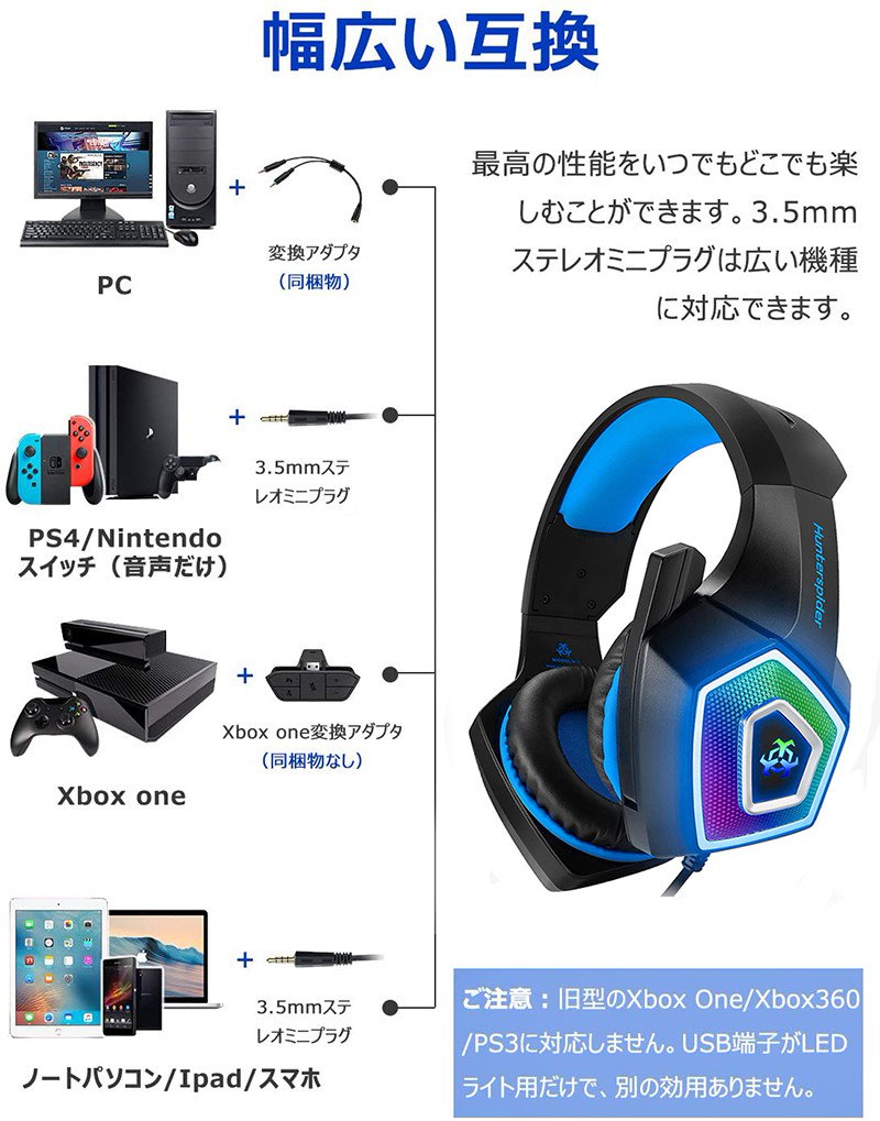 Qoo10 送料無料 Led ゲーミングヘッドセット 七色 マイク付き 有線 3 5mm ヘッド セット 任天堂 Ps4 Pc Skype 等対応 ブルー レッド ヘッドホン イヤホン