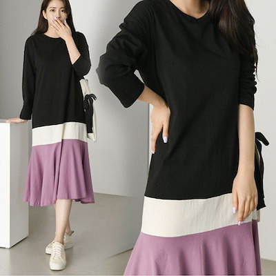Qoo10 長袖になって新登場 配色フレアロン レディース服
