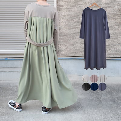 Qoo10 長袖バックプリーツワンピース レディース服