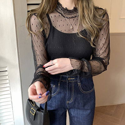 Qoo10 長袖 ドット チュール ブラウス トップ レディース服
